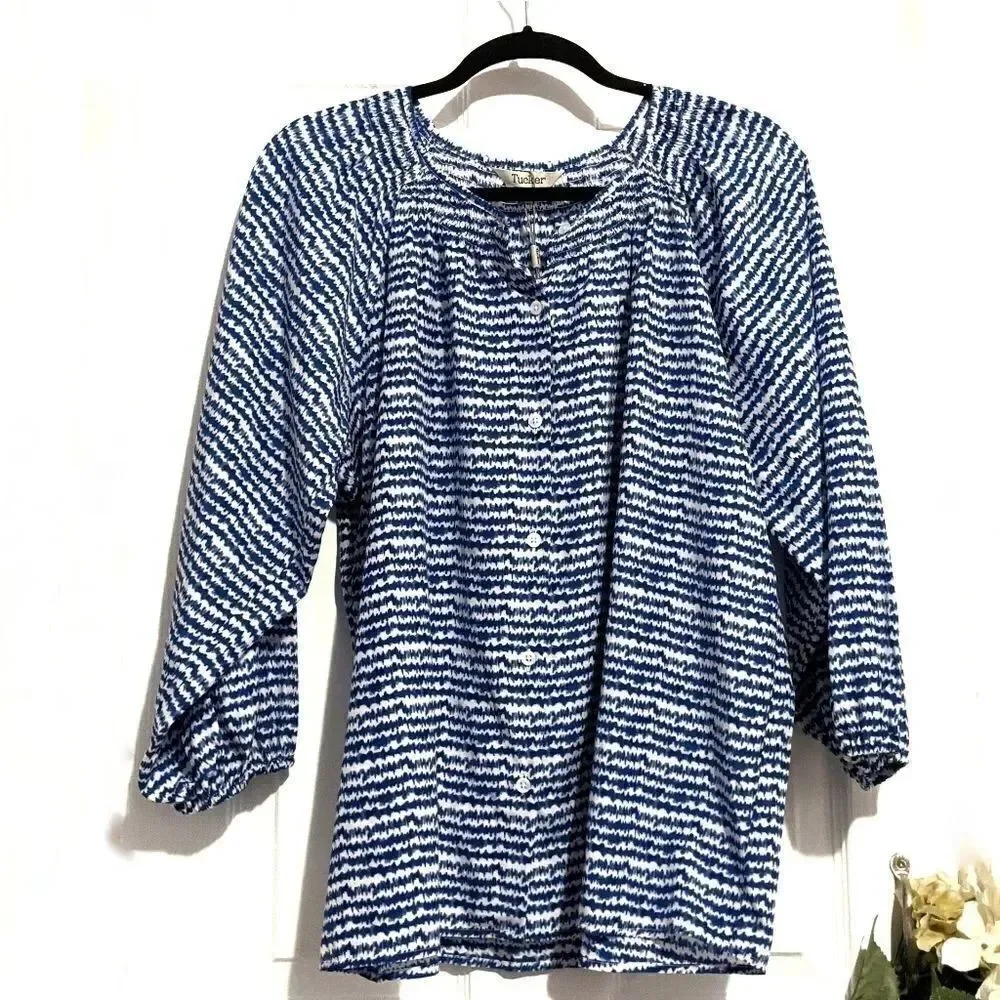 Tucker The Classic Blouse Cobalt Sound in Silk Cotton Striped Motif Blue White
